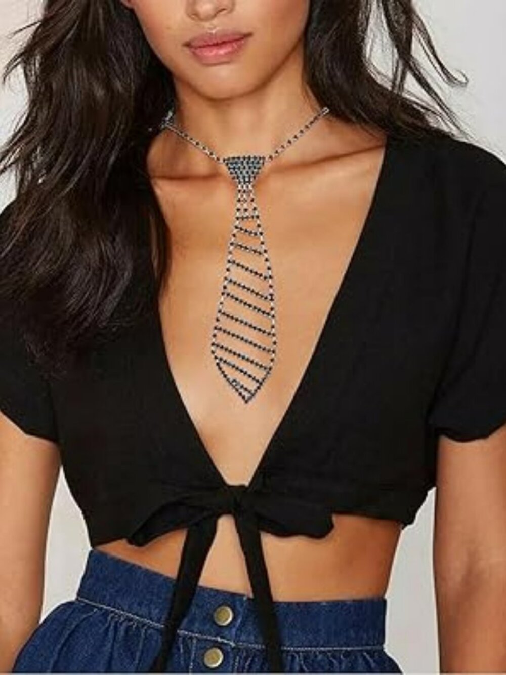 Black Sparkly‎ Rhinestone Necklace Tie Unique Style Goth Punk Rock Concert